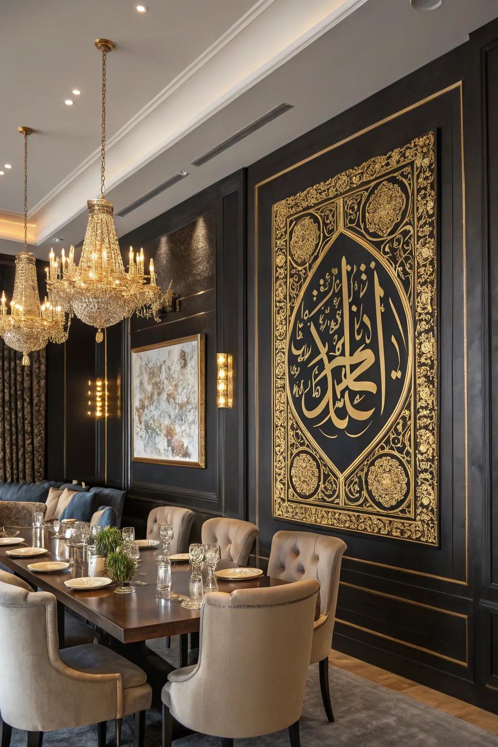 Gold and black paintings introduce a trace of luxury and custom.