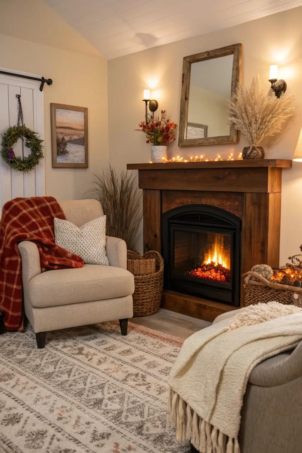 A cozy corner entices warmth and relaxation.