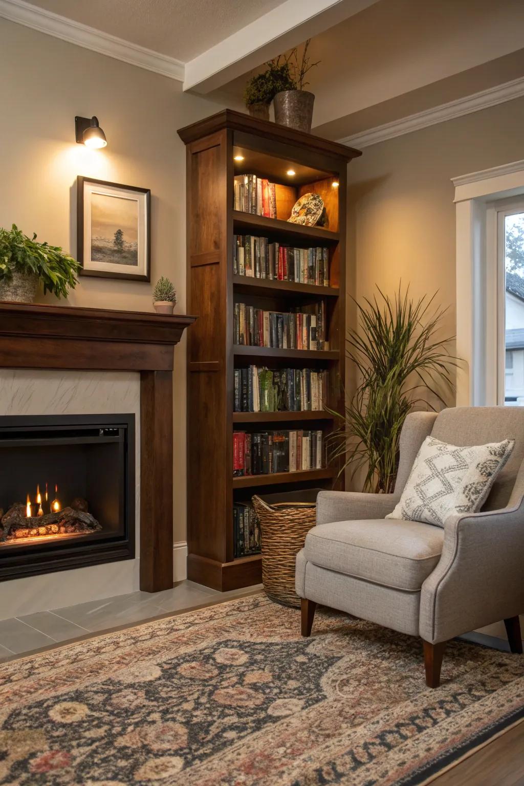 An inviting reading nook with a built-in bookcase and electric firebox
