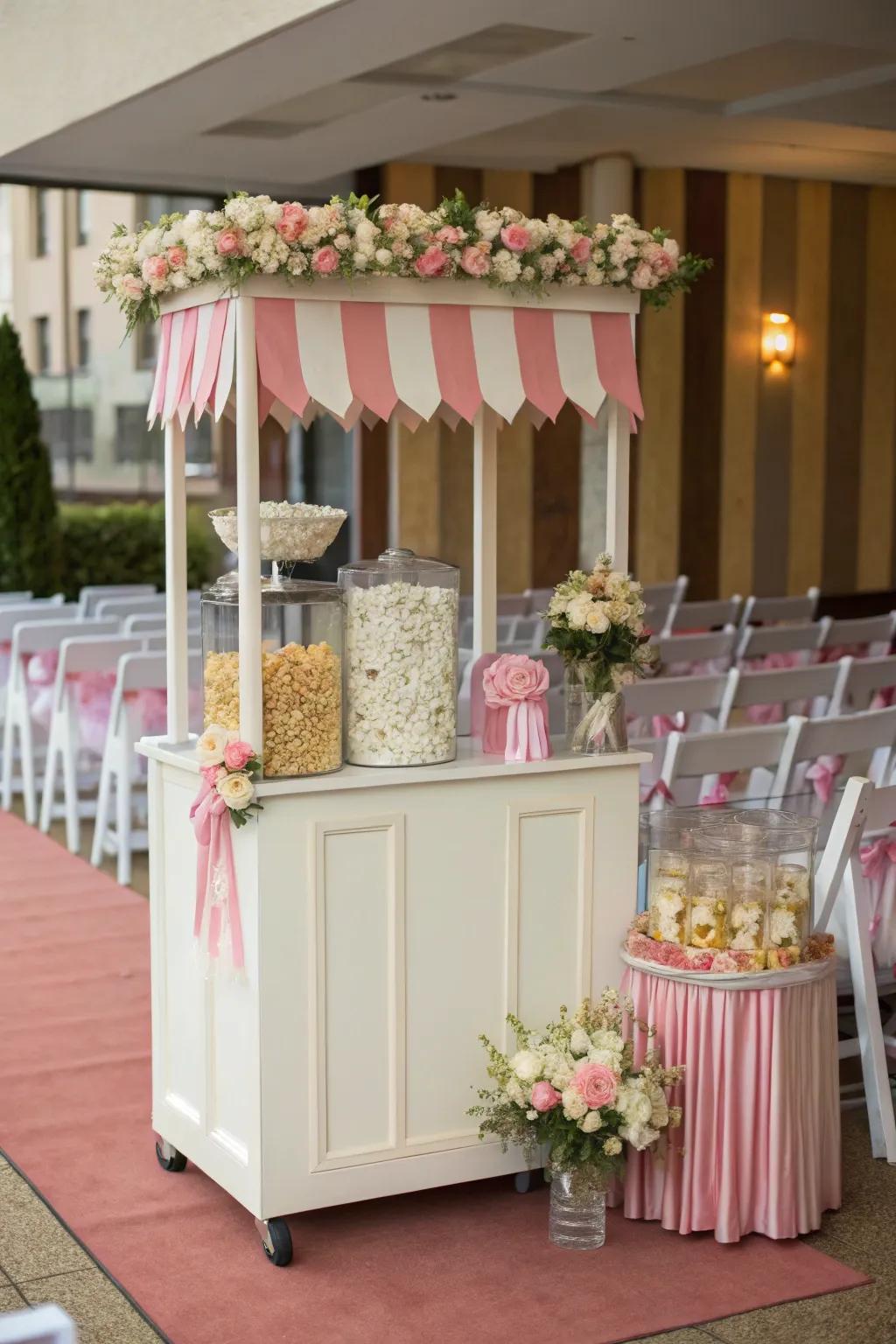 A themed popcorn station design that flawlessly aligns with the wedding's spectrum of colors and decor.