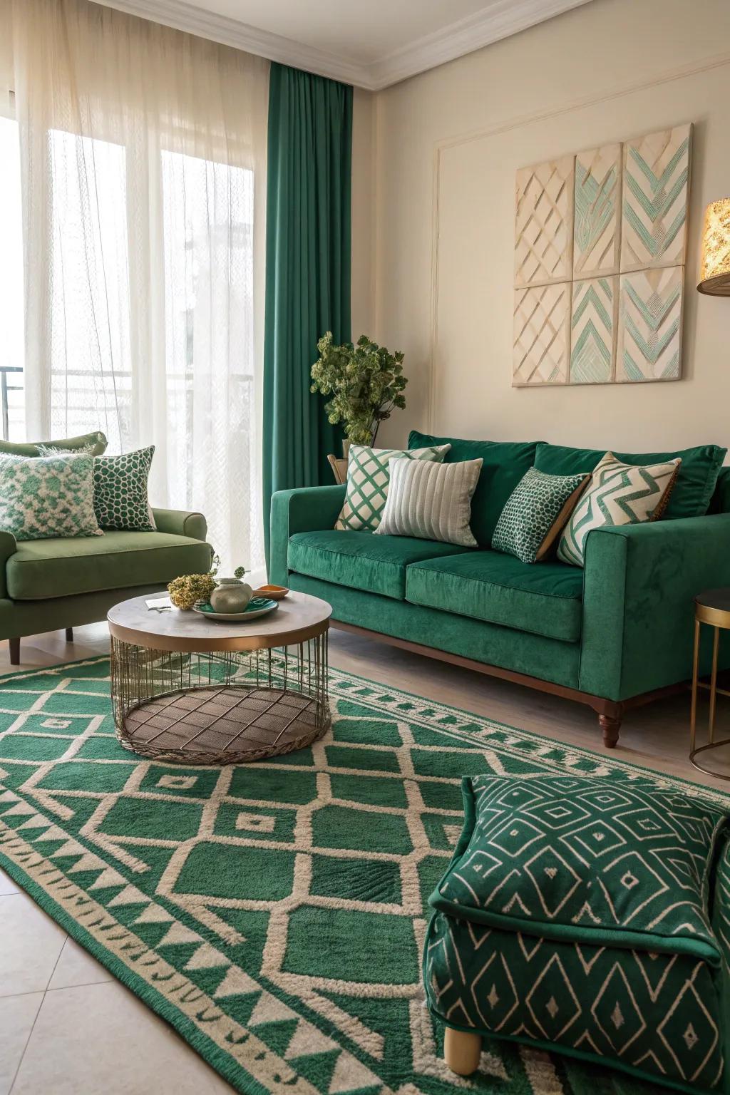Structure-focused designs contribute a modern edge to deep green interiors.