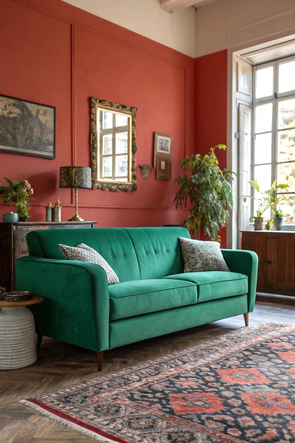 A striking accent wall frames the deep-green couch beautifully.