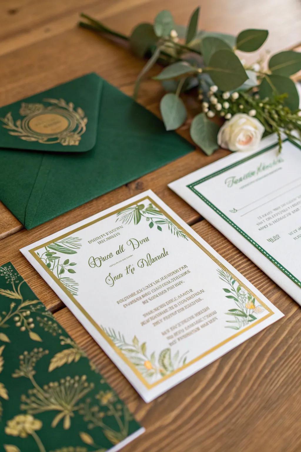 Sophisticated wedding announcements featuring emerald green and gold.