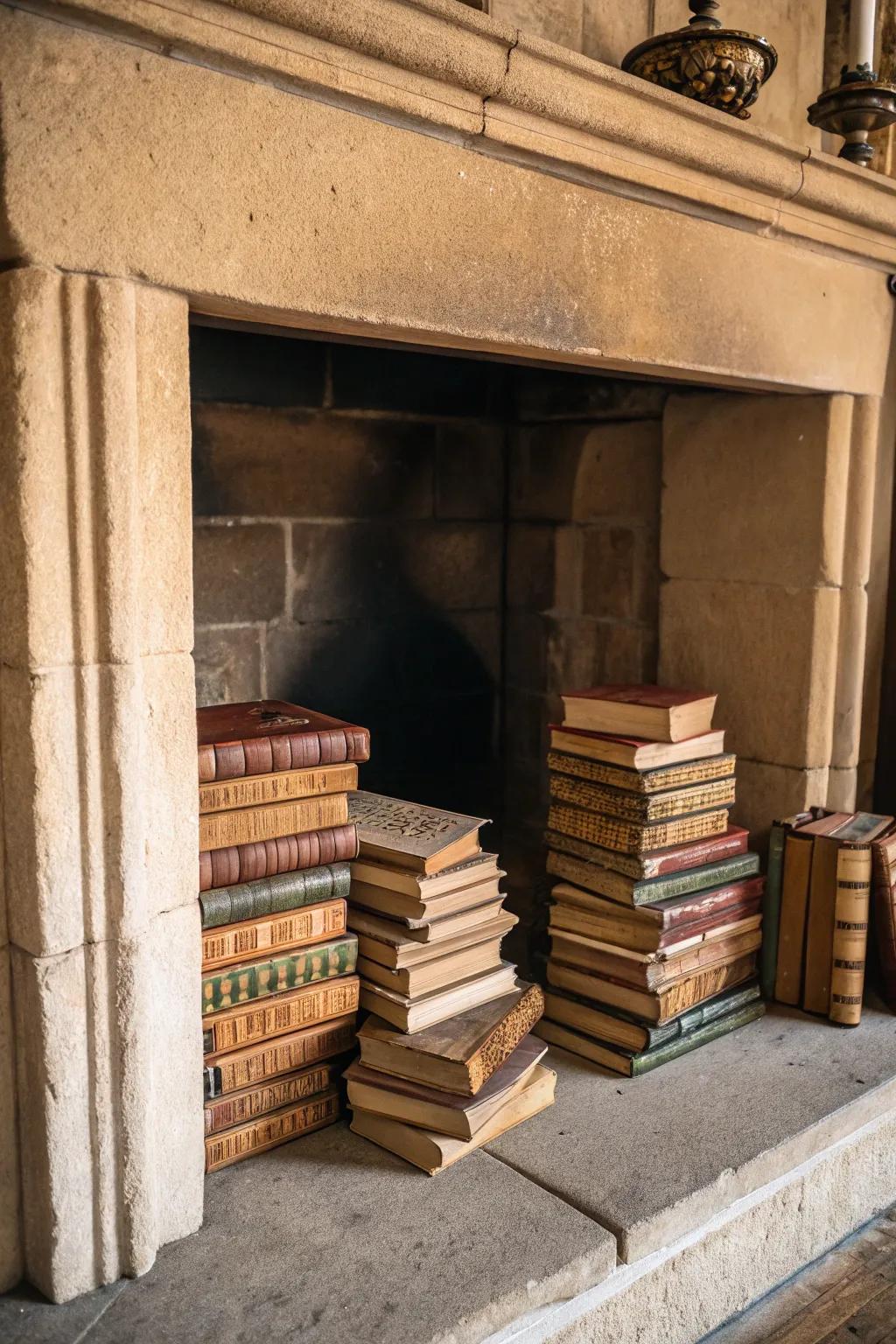 Establish a cozy reading sanctuary using books in your fireplace.