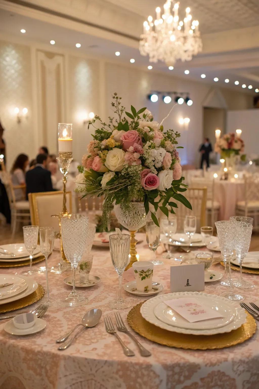 A polished dining arrangement accentuated by a floral centerpiece.