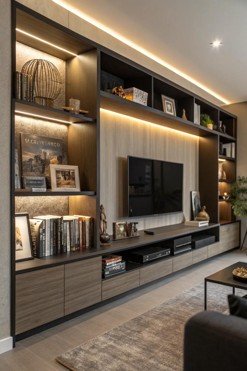 Integrated lighting adds a warm ambiance to this entertainment center.
