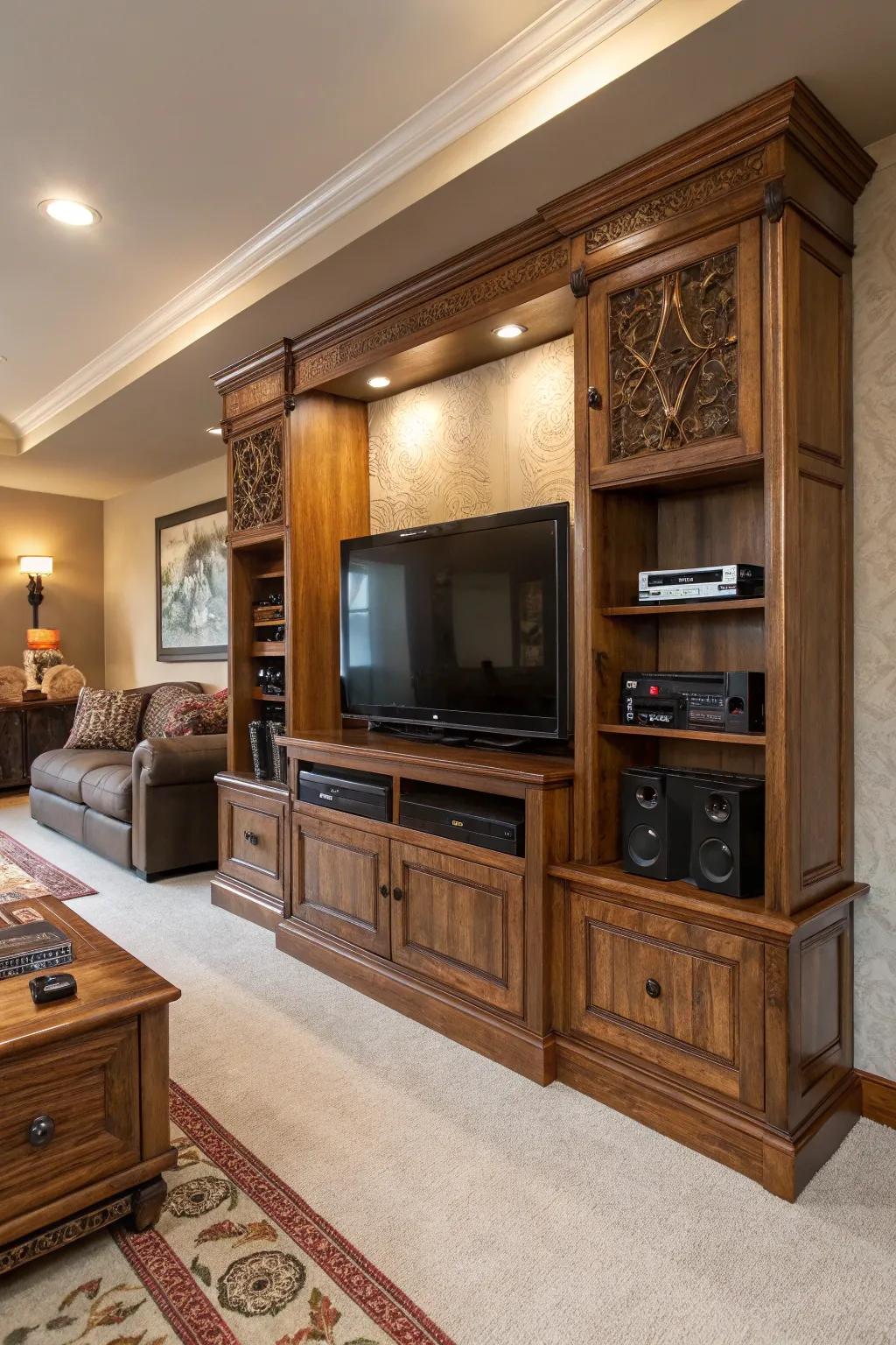 An entertainment center featuring welcoming wooden accents.