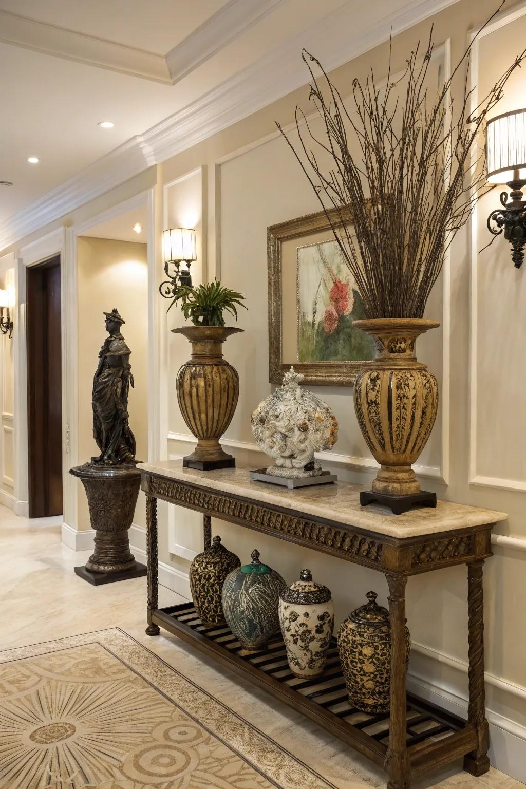 Artistic accents deepen the visual narrative and personality of the entrance.