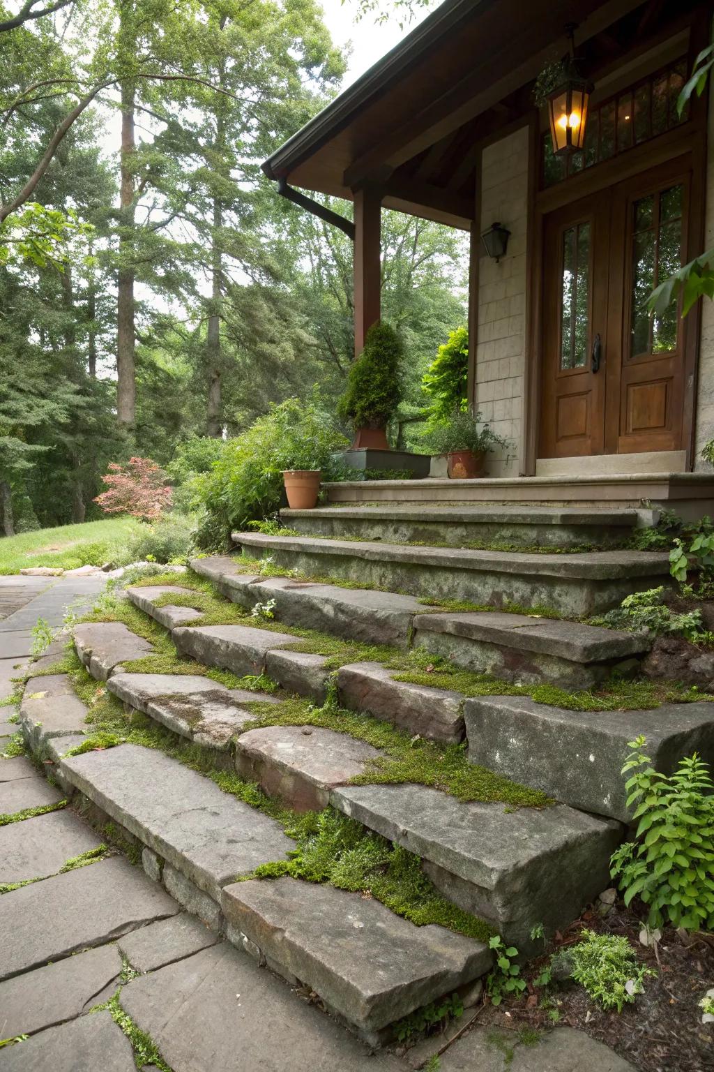 Quaint stone risers that fashion a warm and natural entrance to the porch.