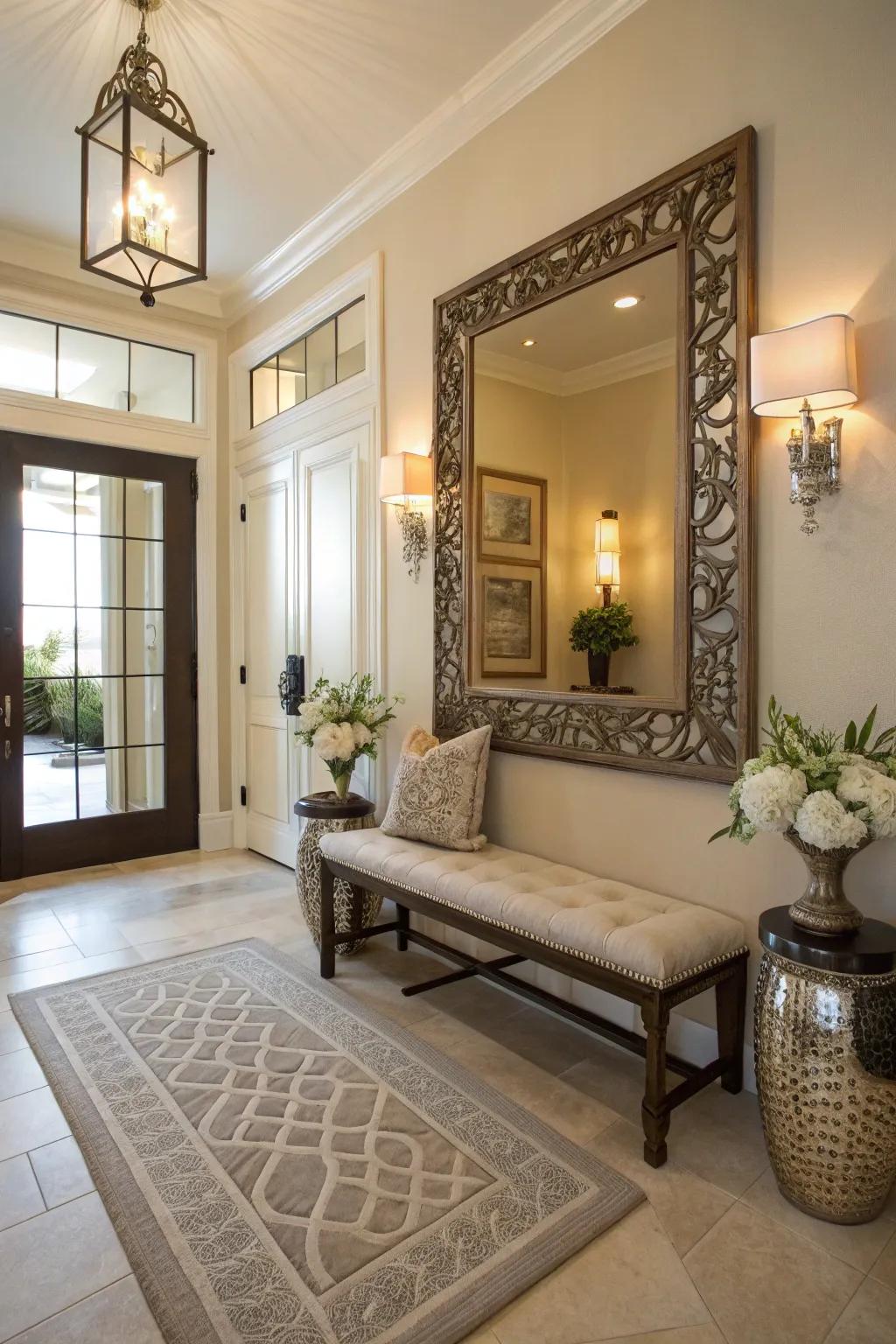 A large ornamental mirror above the bench enhances the feeling of space and light.