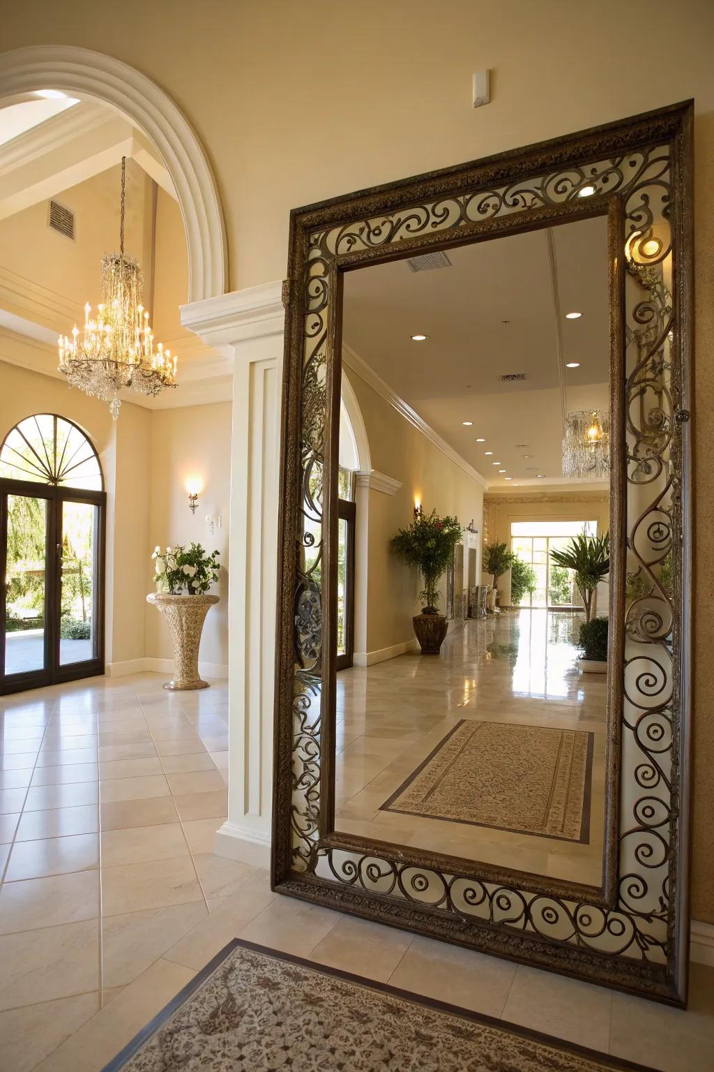 An entrance showcasing a substantial ornamental mirror that heightens luminosity and cultivates spaciousness.