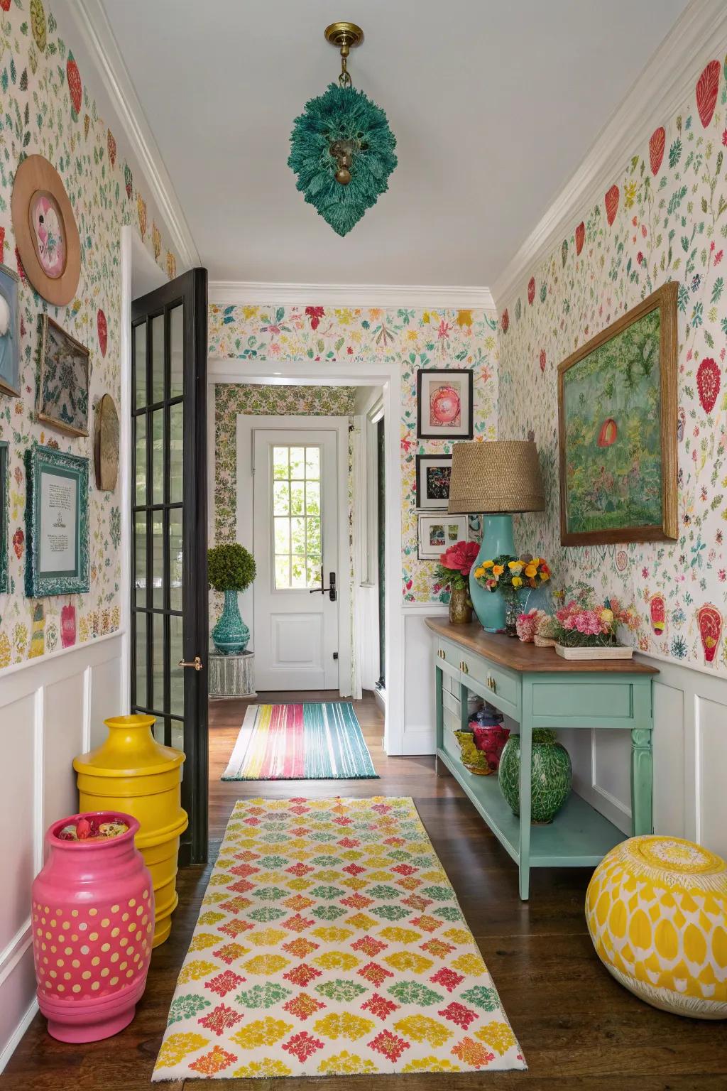 A vibrant entryway displayed eclectic wallpaper, emphasizing individual flair.