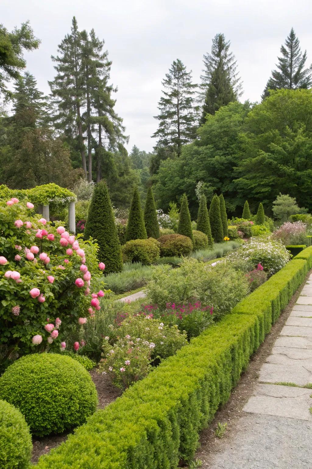 A garden featuring distinct evergreen shrub borders.