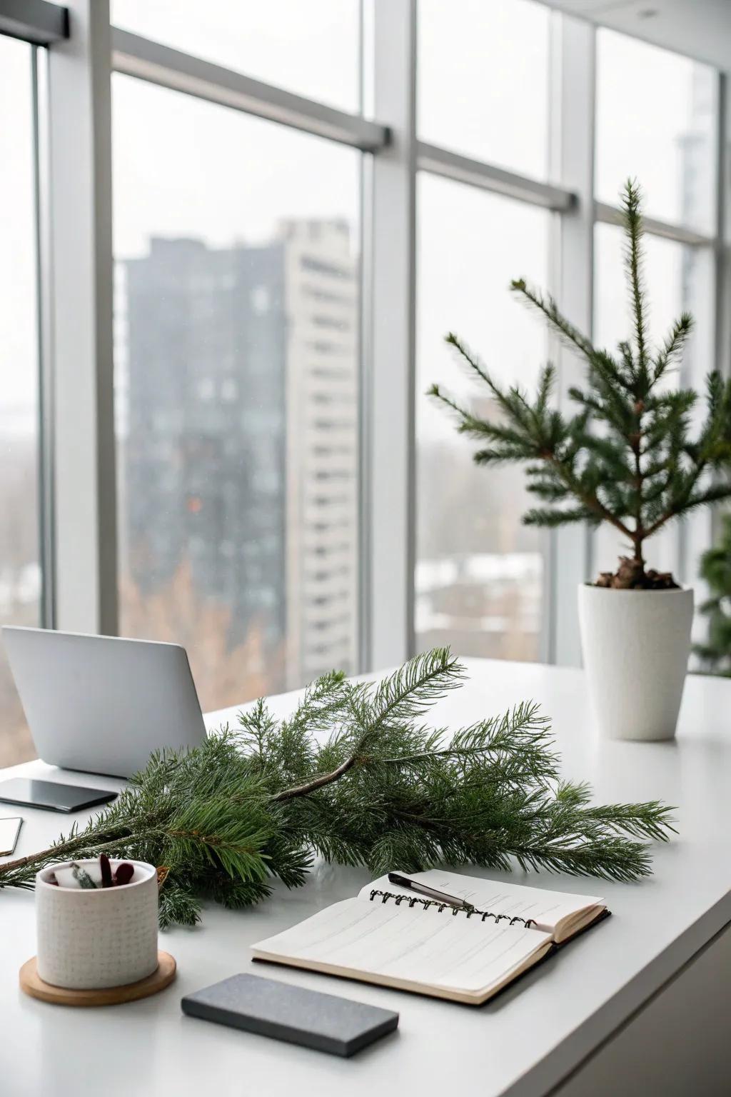 A minimalist swag with simple branches in a modern office setting.
