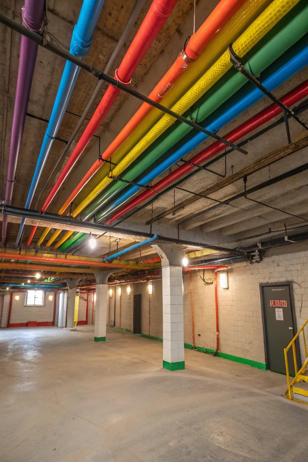 A varied hue palette brings a playful and dynamic aspect to an exposed ceiling.
