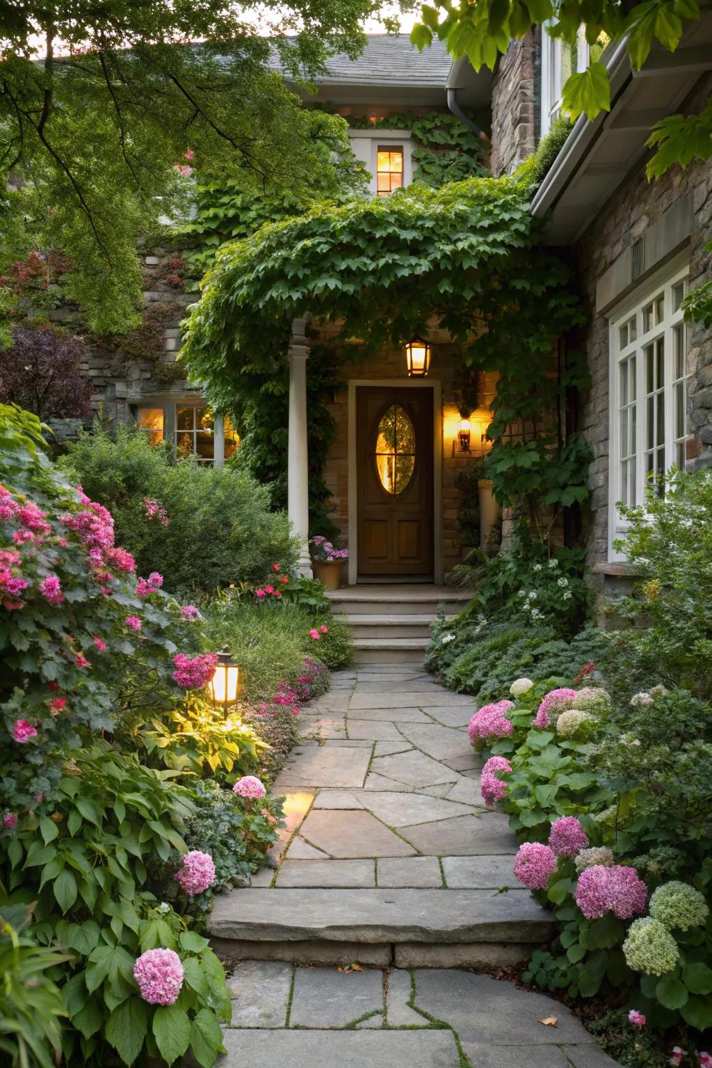 A welcoming home entrance featuring a lush garden.