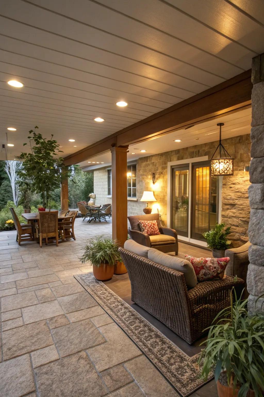 A smooth transition between a basement and patio with unified accents.