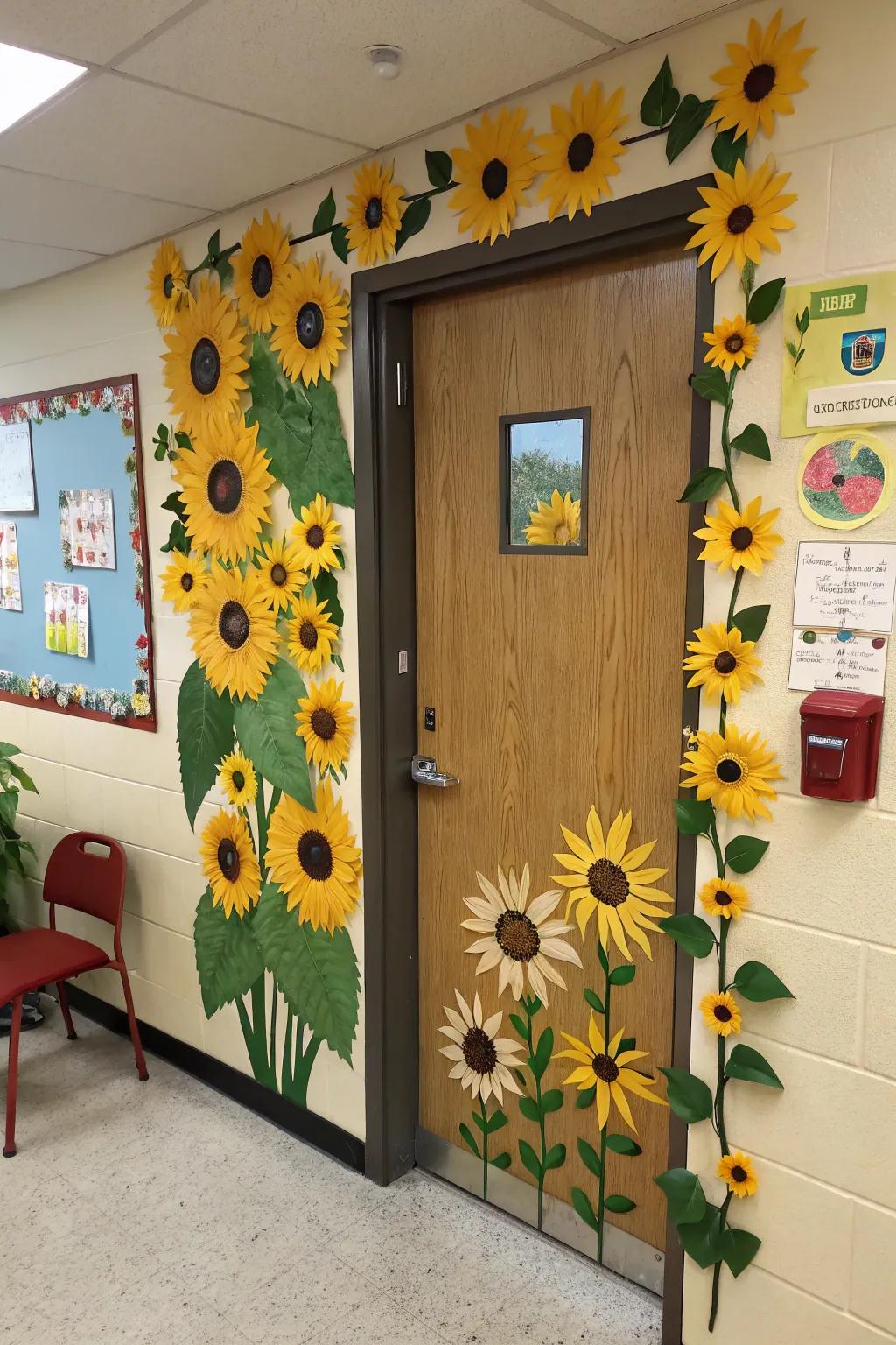 Sunflower entrance decor for a bright fall ambiance.