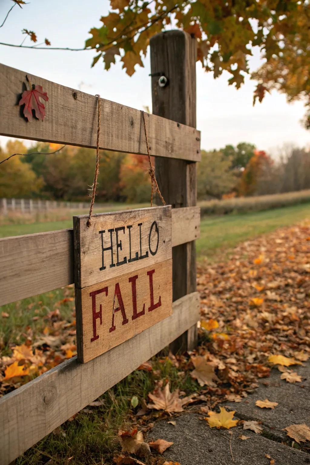 A timbered marker with a cordial fall greeting enhances the fence.