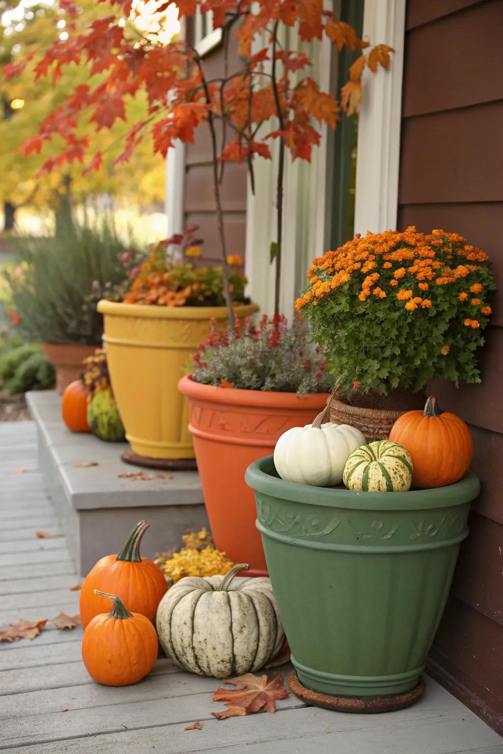 Pumpkins and squashes introduce a festive accent to fall containers.