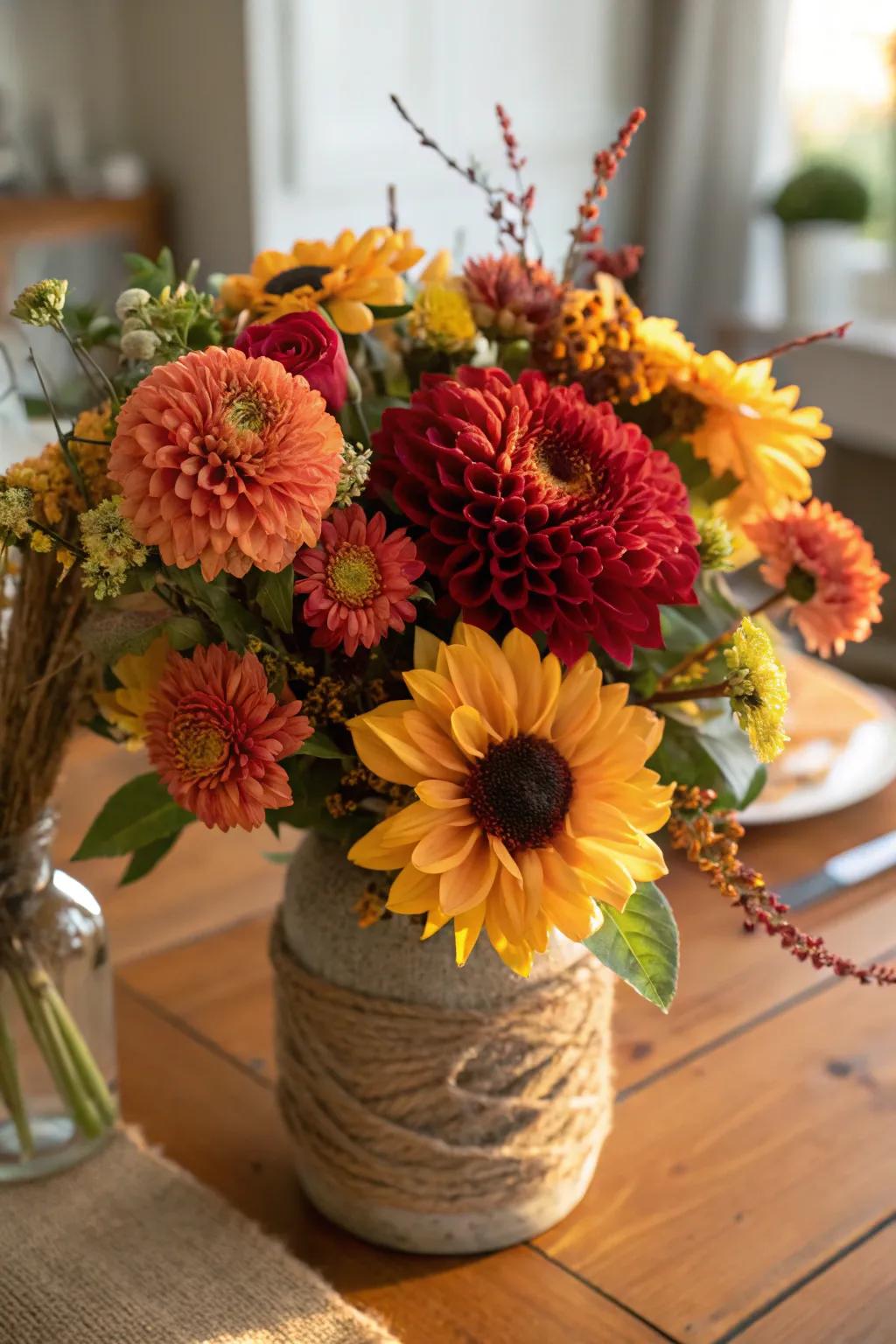 A vibrant floral arrangement introduces color and vitality to the table.