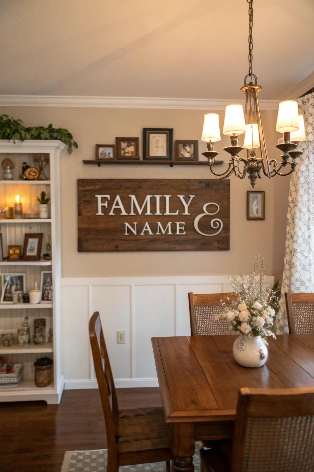 A family name display accompanied by an establishment date, perfectly placed within a dining area.