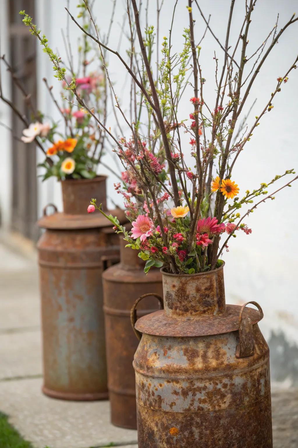 Old dairy containers bring rustic charm as vases showcasing lofty branches.