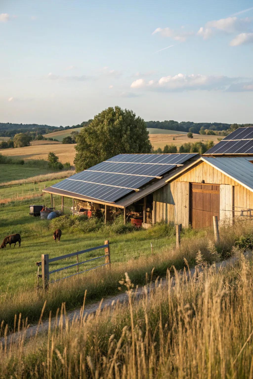 Efficient photovoltaic panels installed atop a barn, sustainably powering the farm.