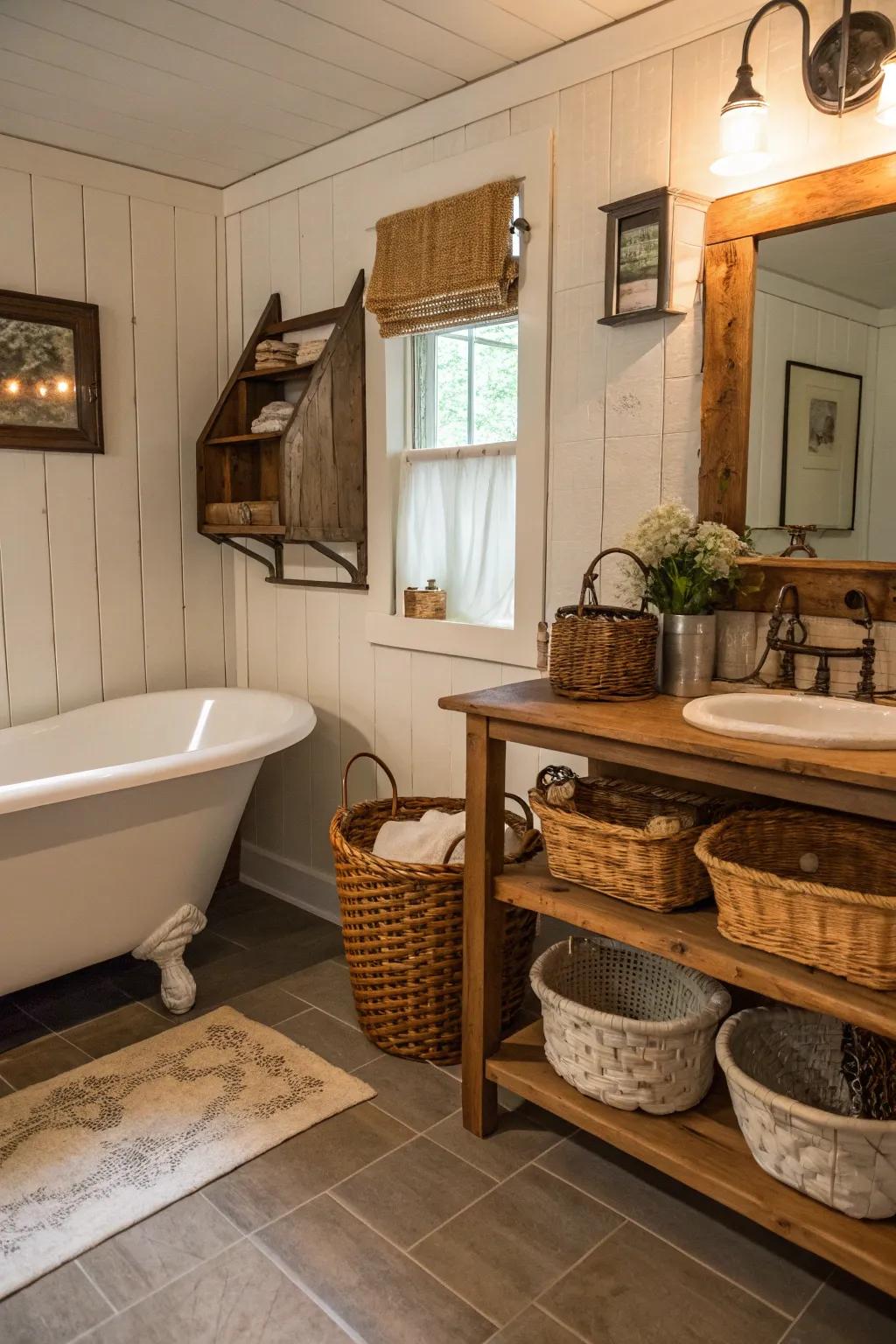 Rustic decor elements enrich the farmhouse ambiance of the bathroom.