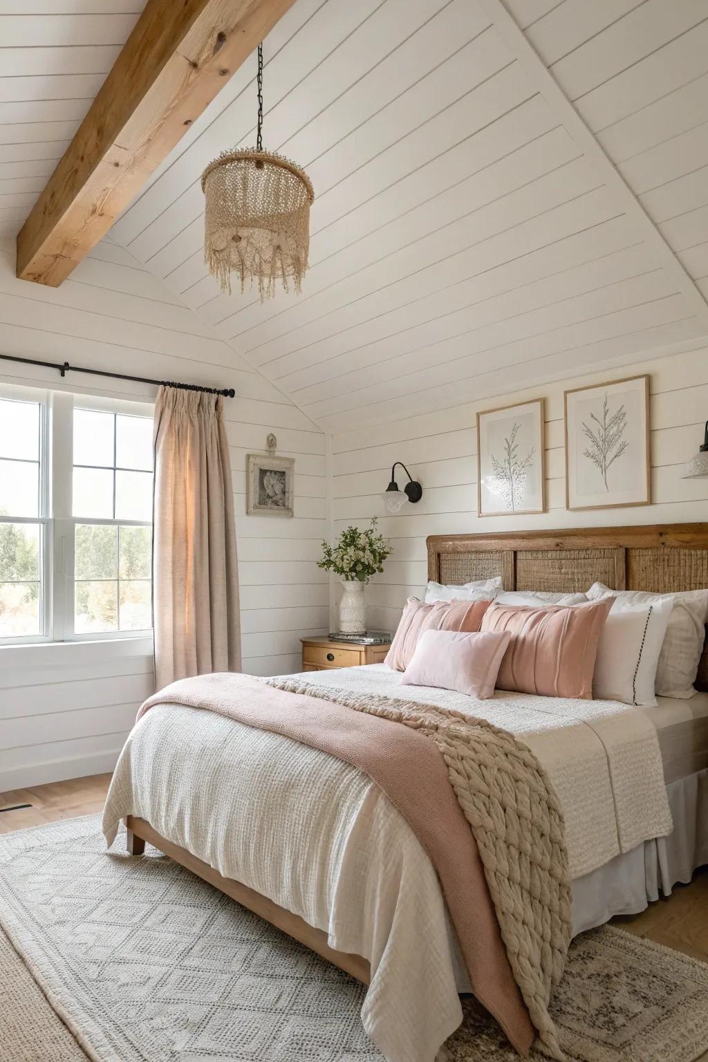 Painted shiplap ceilings infuse this farmhouse bedroom with texture and charm.