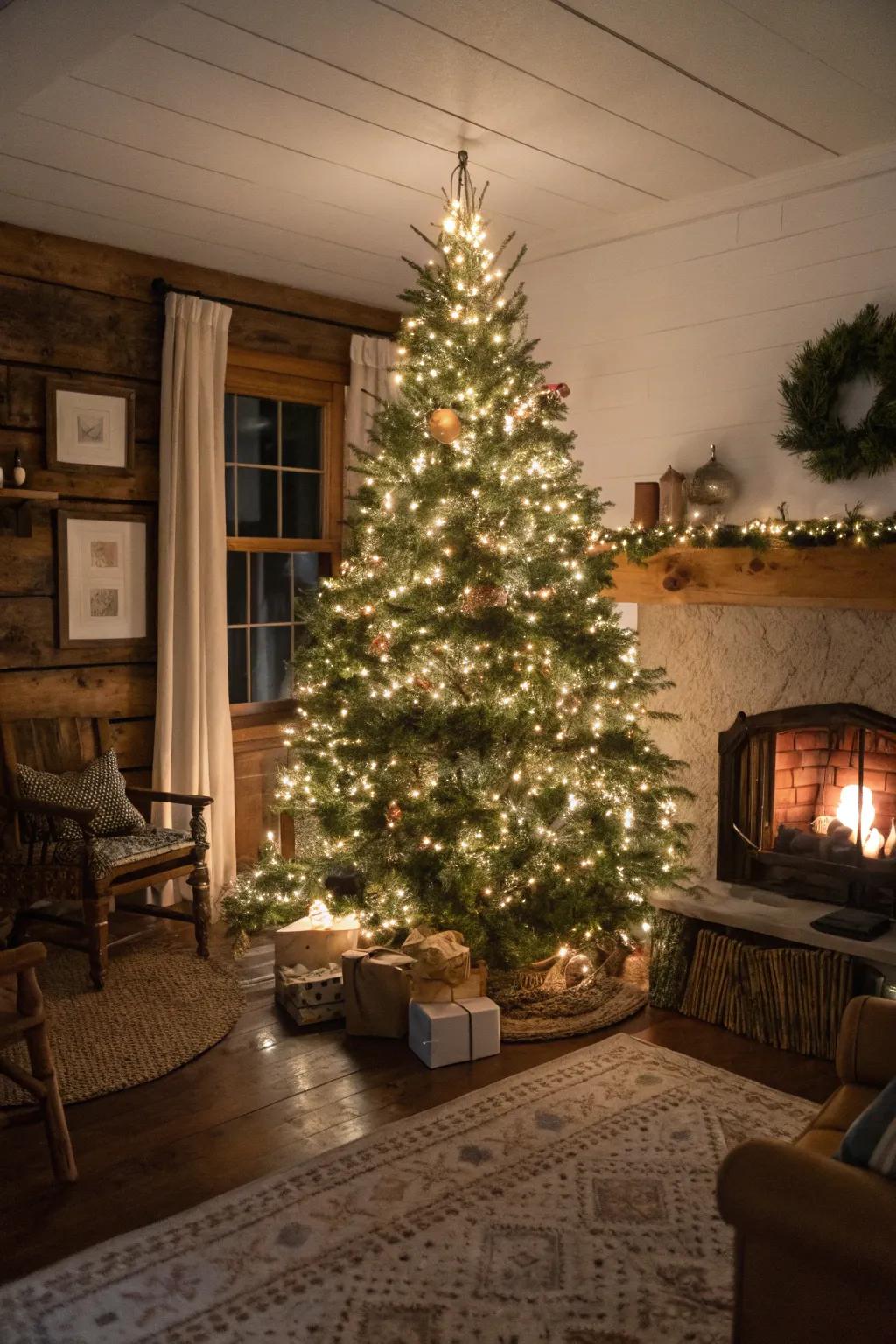 Warm string lights bathe this farmhouse Christmas tree in a magical glow.
