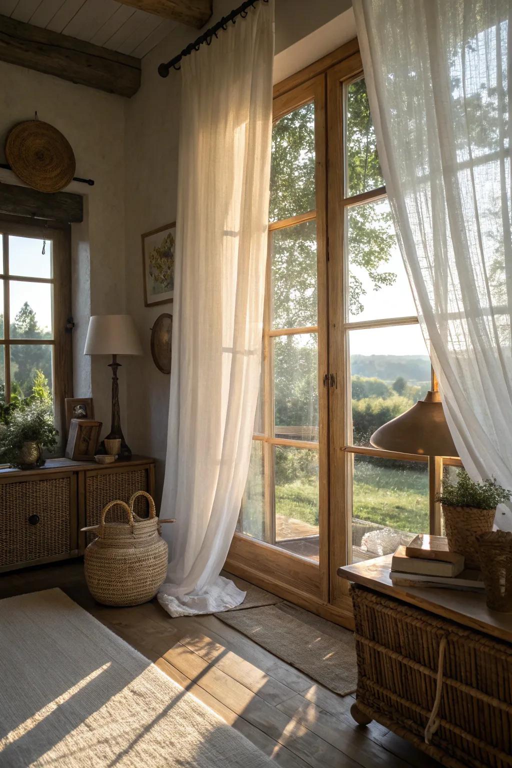 Airy curtains filling a farmhouse living room with daylight.