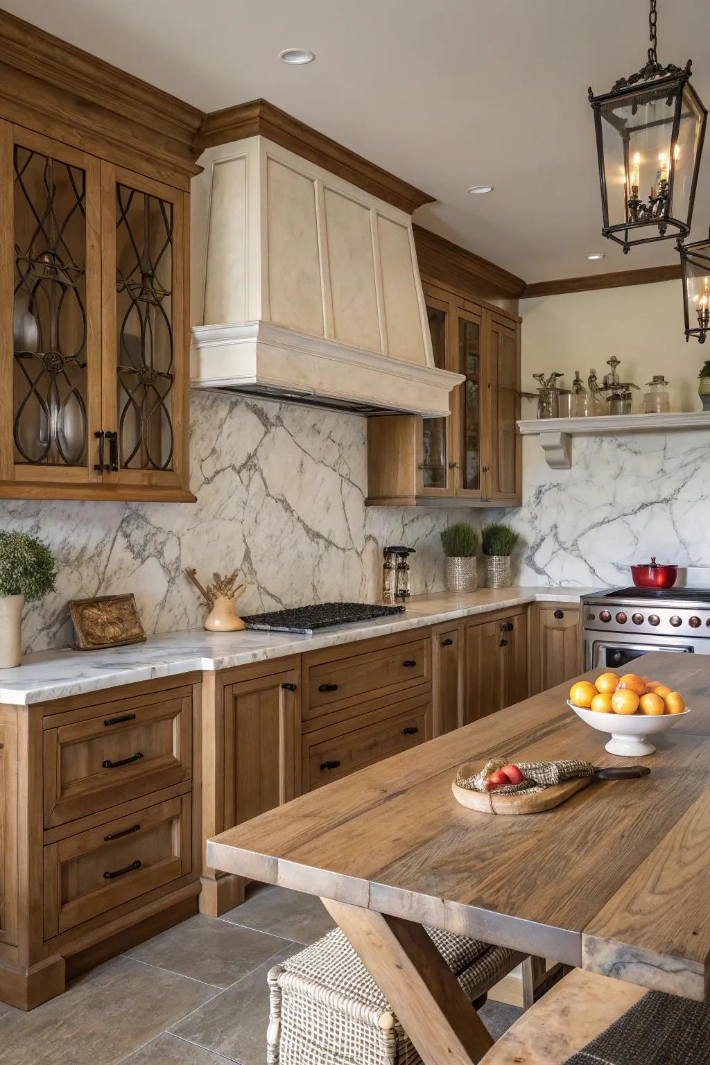 A farmhouse cooking area featuring an elegant marble backsplash.