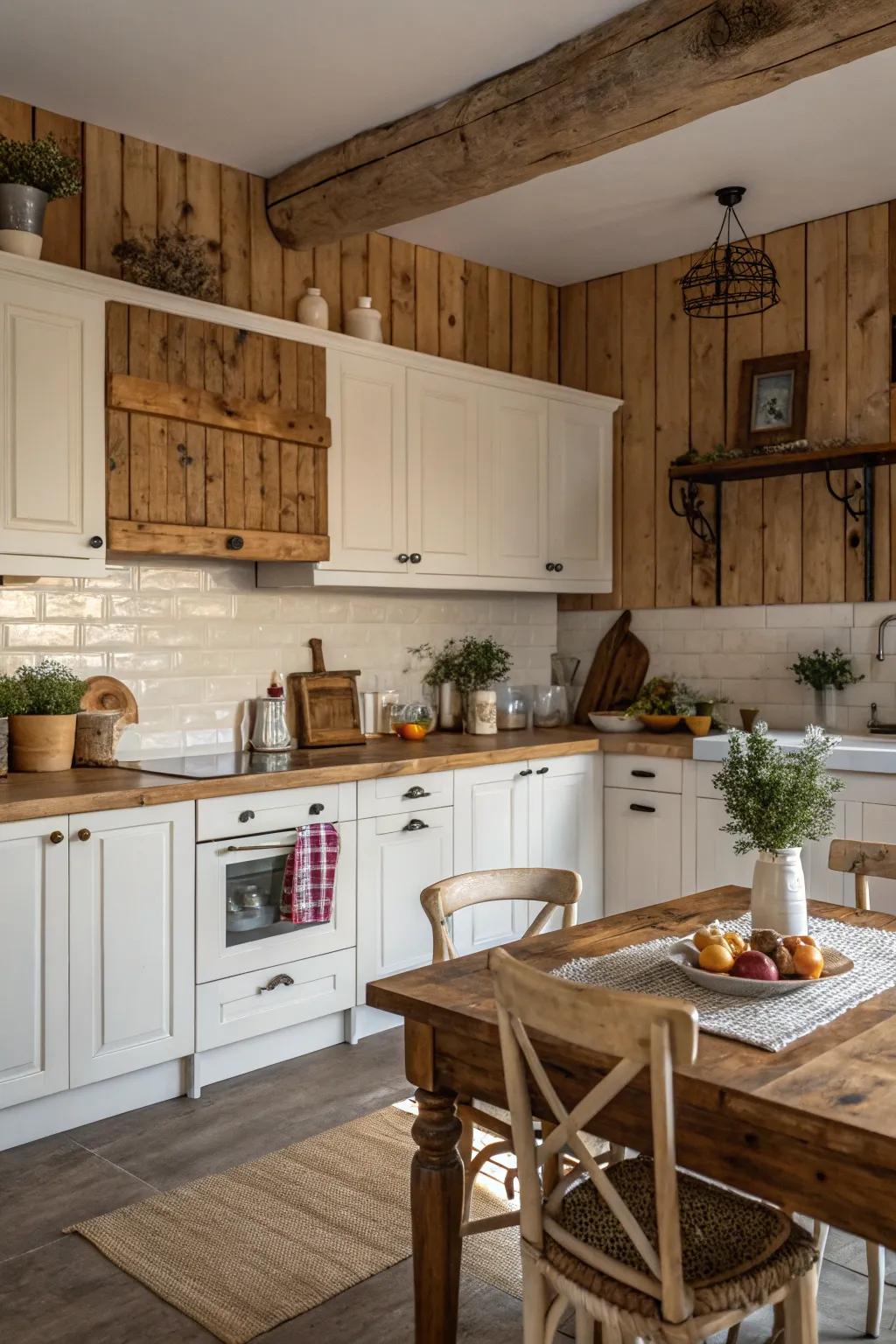 Warm wood planks as a backsplash produce a comfortable, countryside vibe in this farmhouse kitchen.
