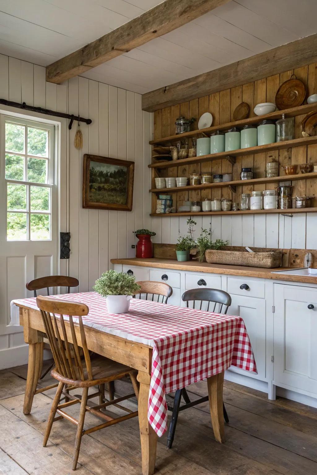 A mix of lumber hues creating dimension in a farmhouse kitchen setting.