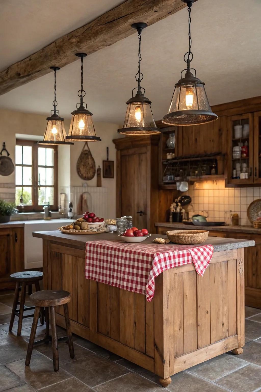 A farmhouse kitchen featuring vintage pendant lights over a wood island.
