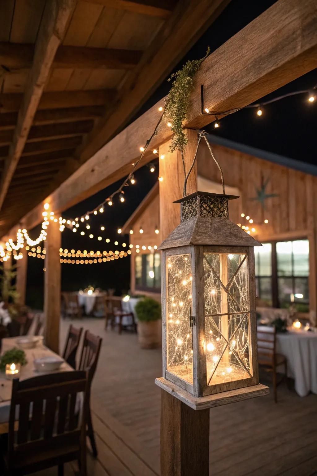 Threaded lights inside lanterns establish an enchanting shimmer.