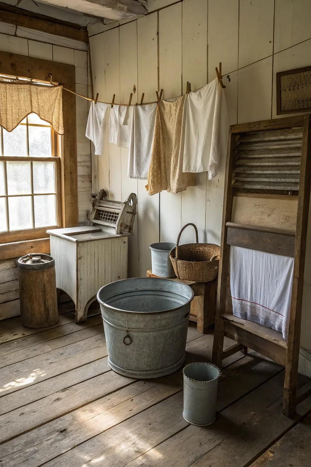 Steel elements add an industrial touch to the rustic charm of this laundry space.