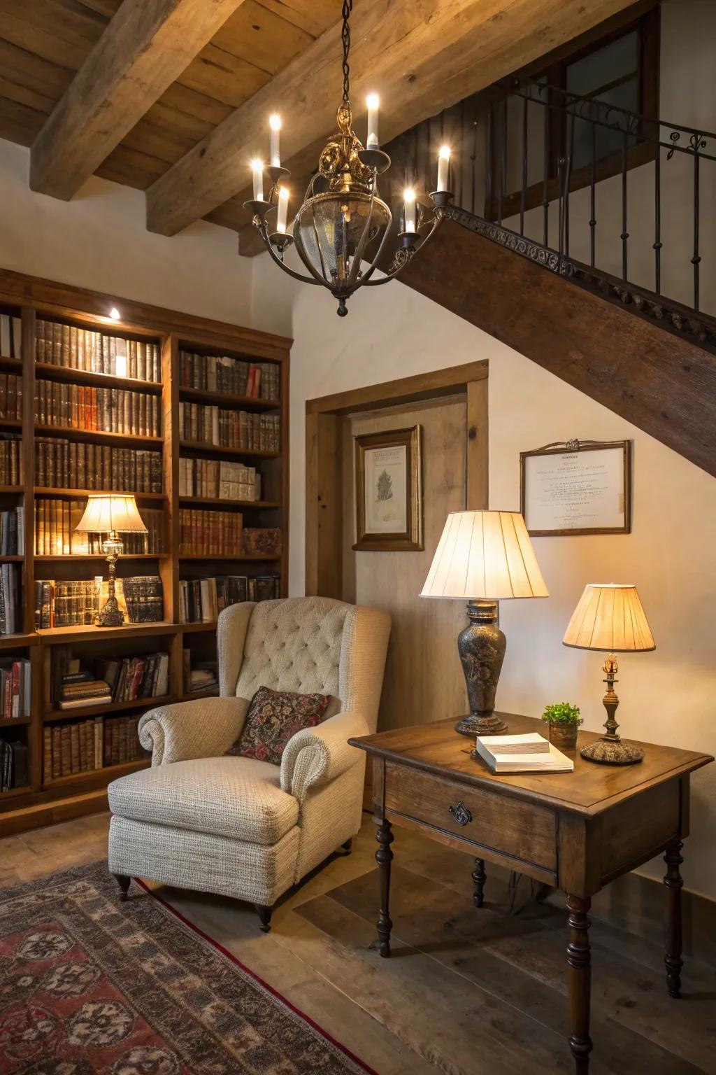 Warm lighting coming from lamps and chandeliers establishes a comfortable tone.