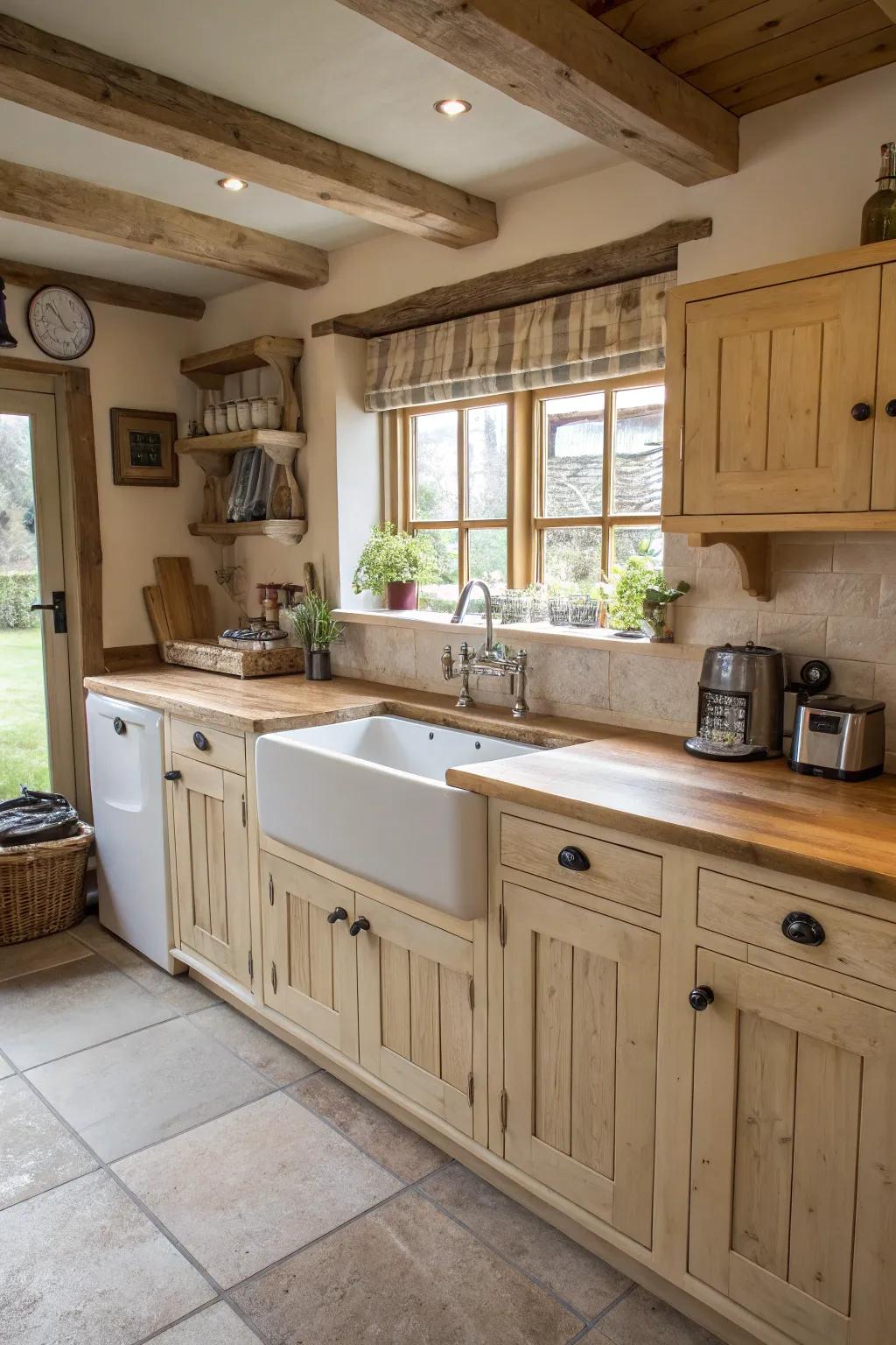 A country-style basin enhances the rustic appeal of pale timber cabinetry.