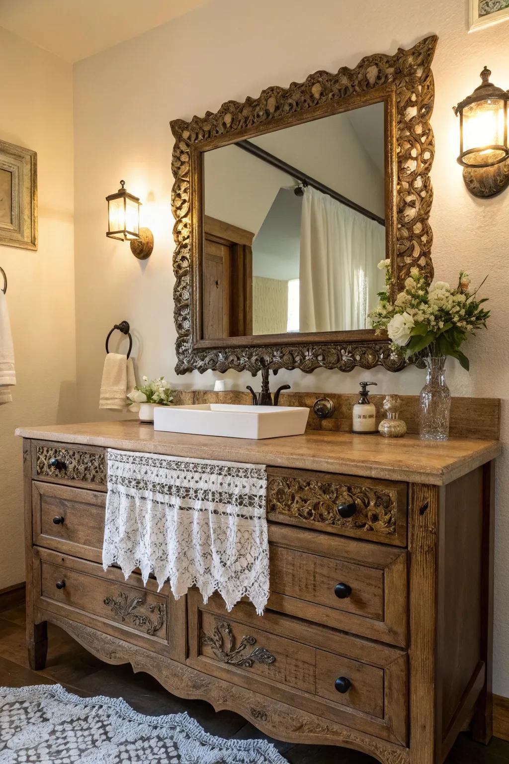 An ornate mirror becomes a striking focal point.