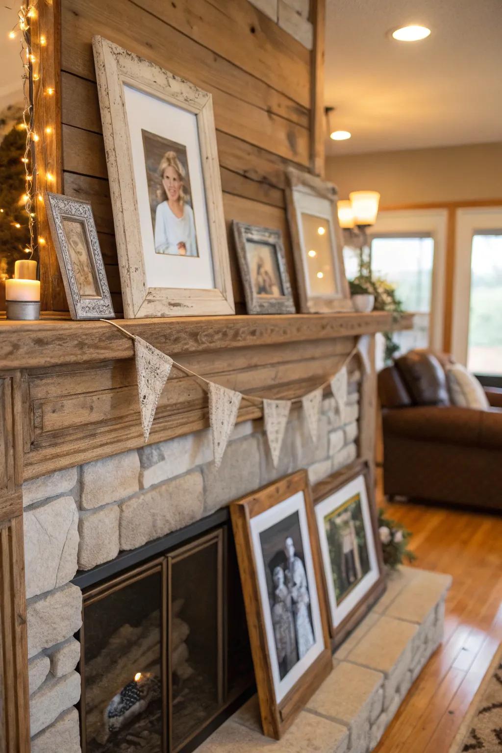 Family photos provide a personal and heartwarming touch to the mantel.