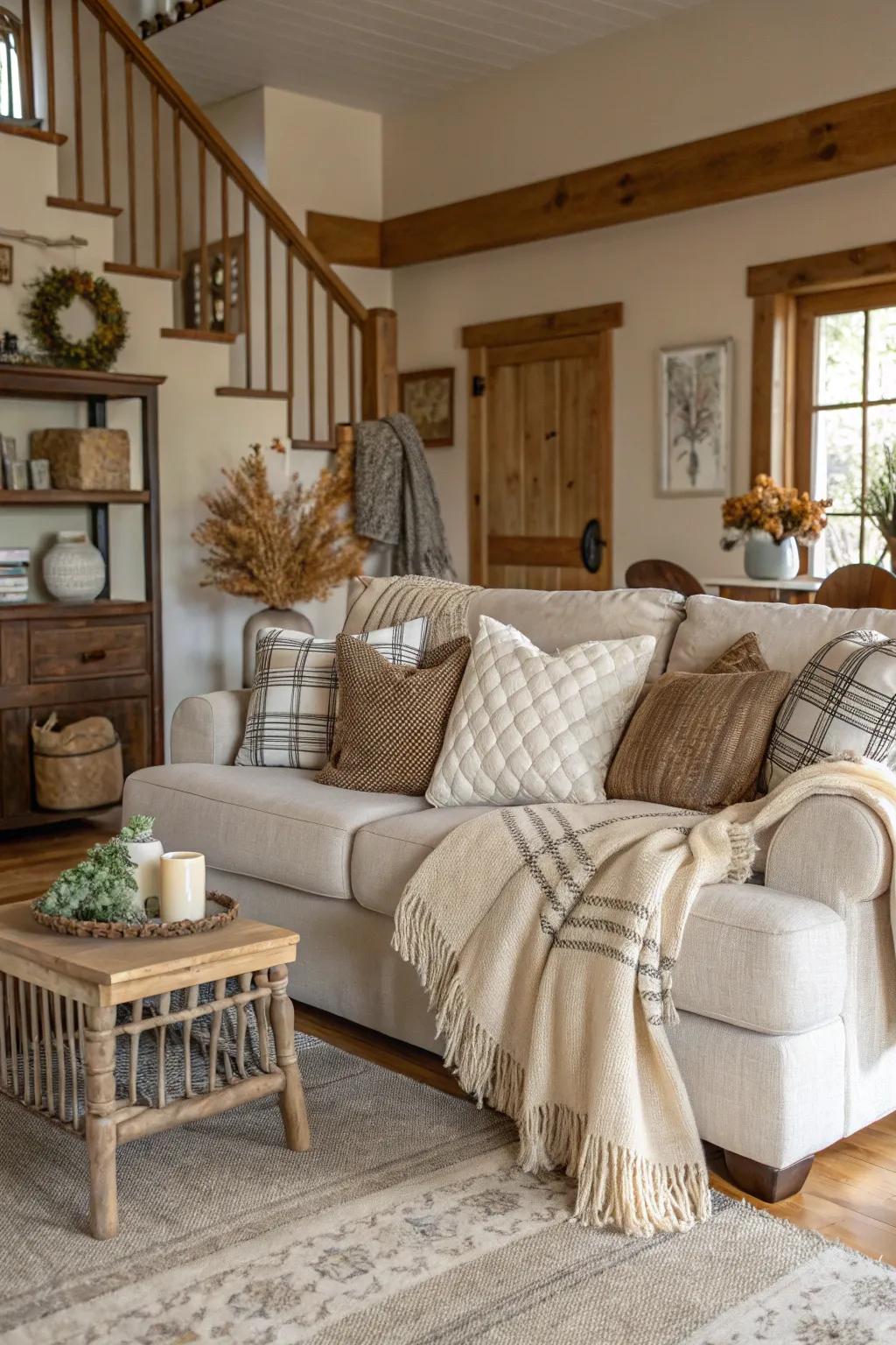 Farmhouse decor is made warmer and cozier with textiles.