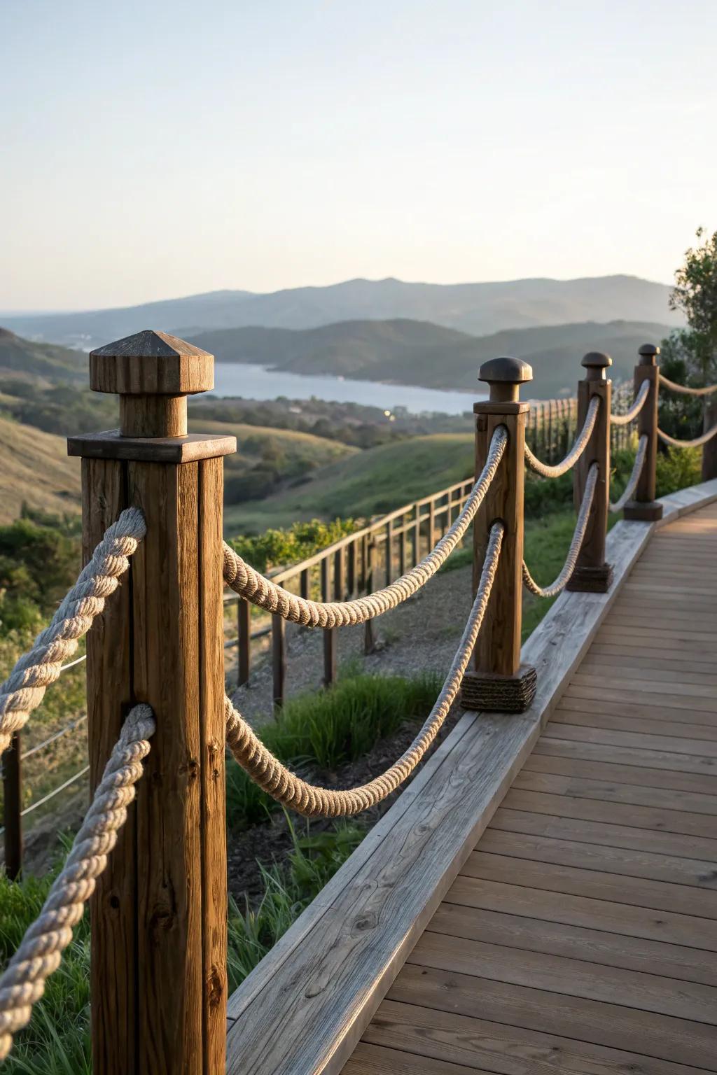 Seafaring influence: Natural fiber accents in railing.