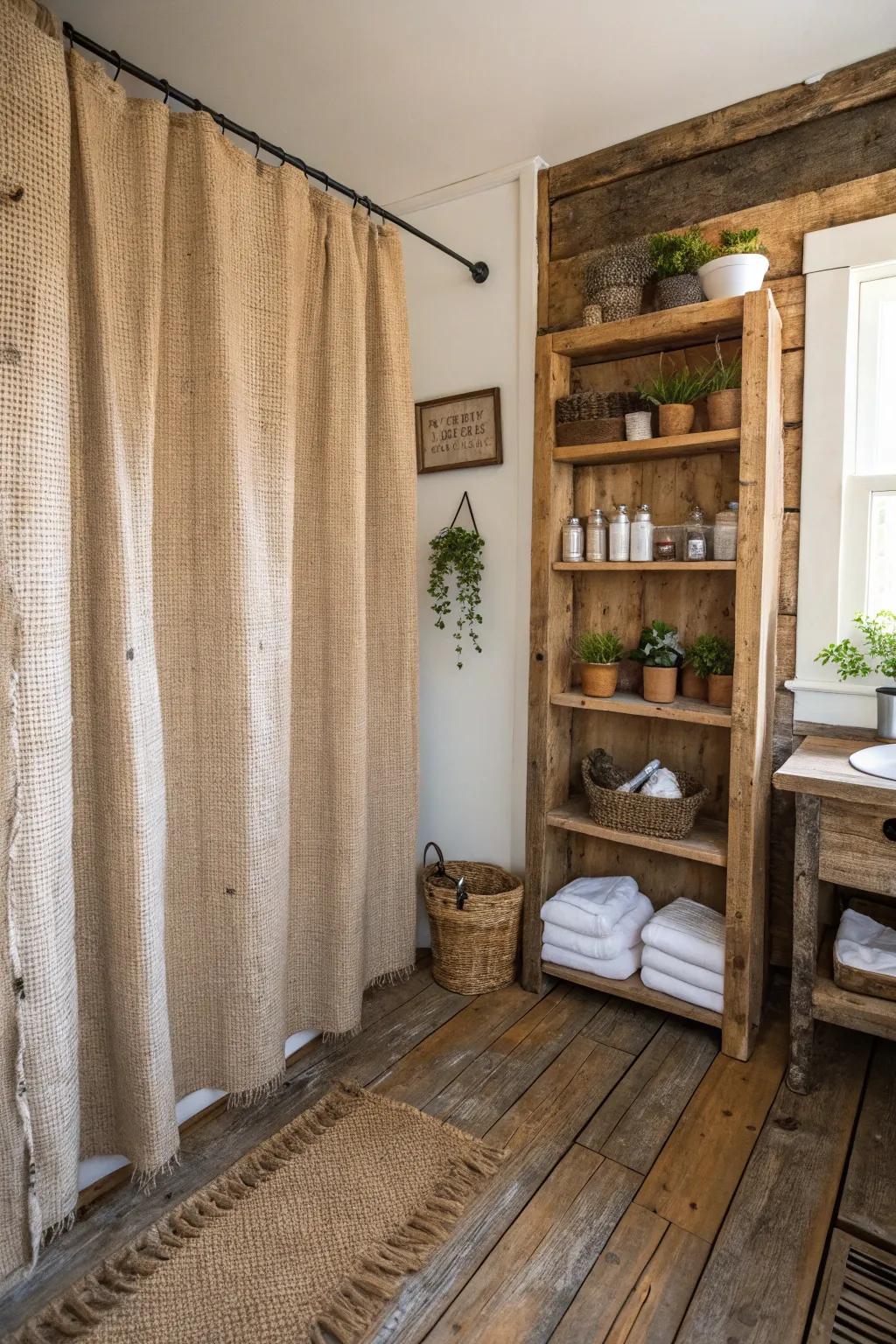 A rustic bathroom featuring a woven burlap shower drape and timber shelving.