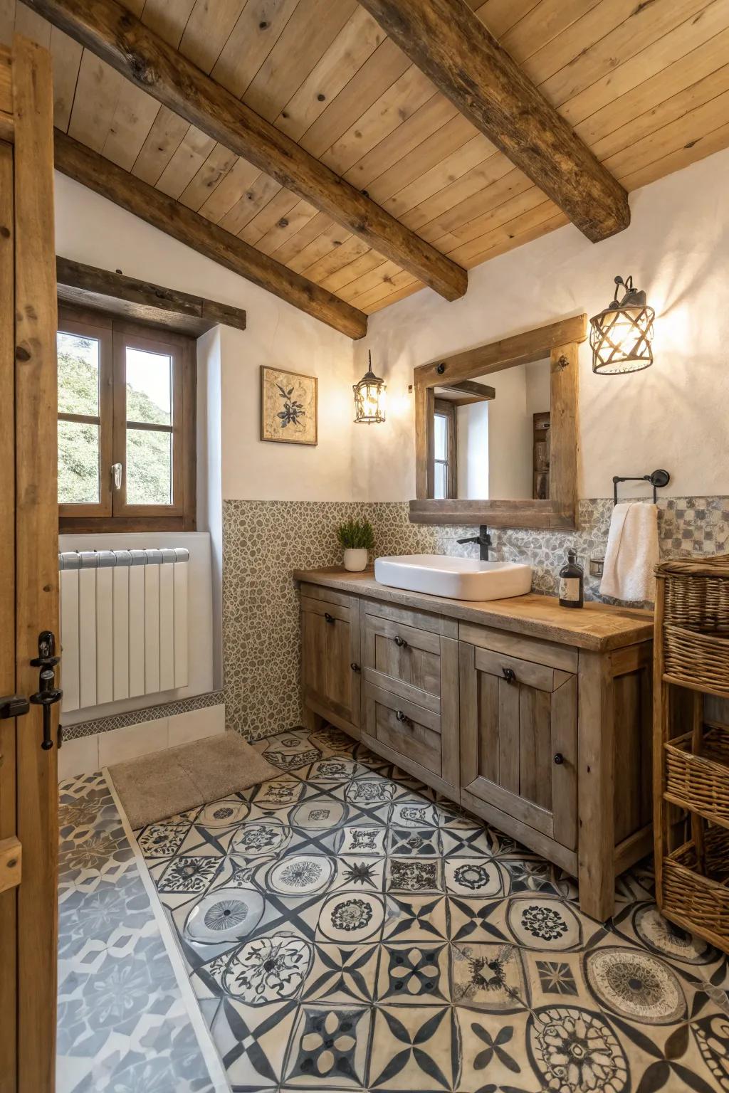 Decorative tiles create visual appeal and charm in this small bathroom.