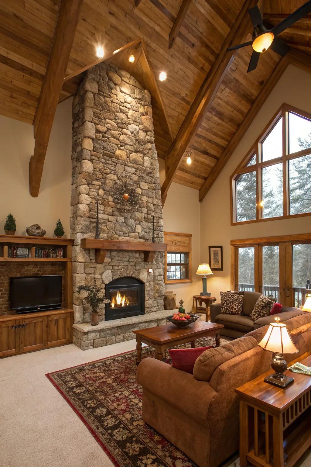 A striking floor-to-ceiling stone feature in a comfortable living space.