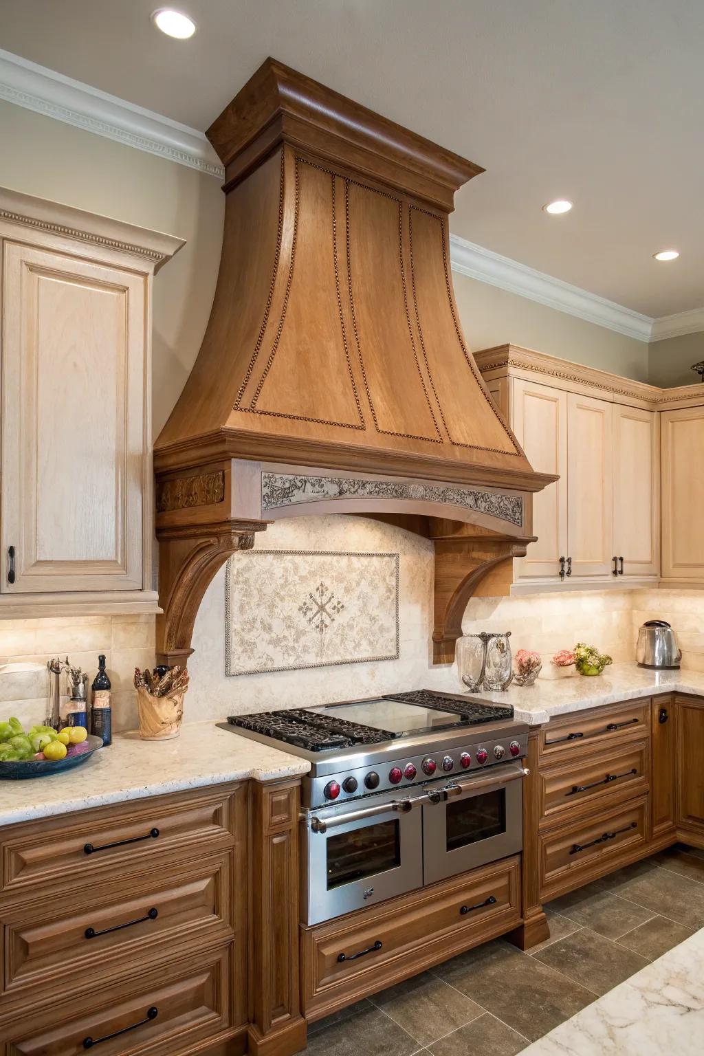 A rounded range hood introduces softness into kitchen styling.