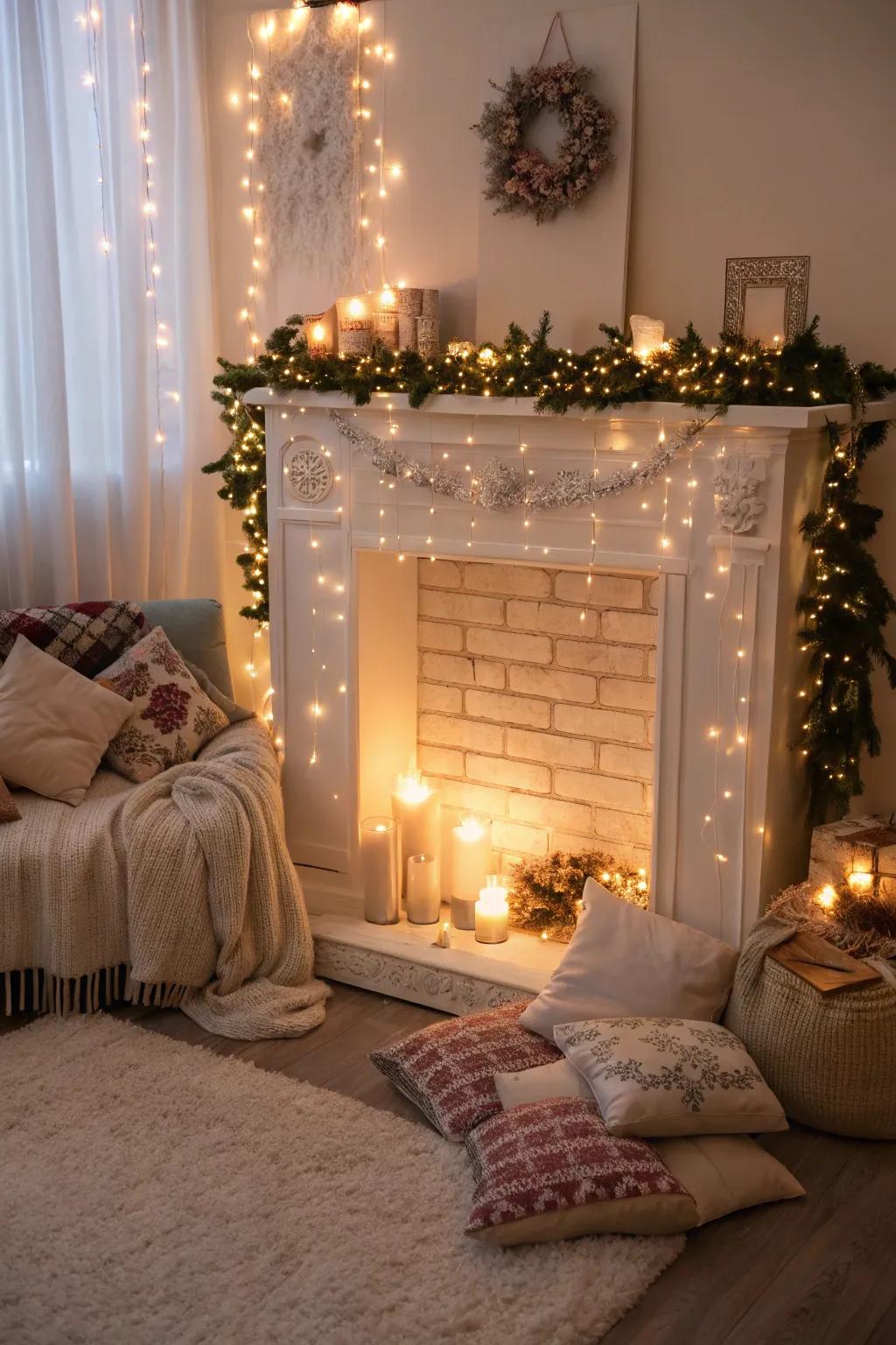 An artificial fireplace shimmering with the magic of illumination accents.