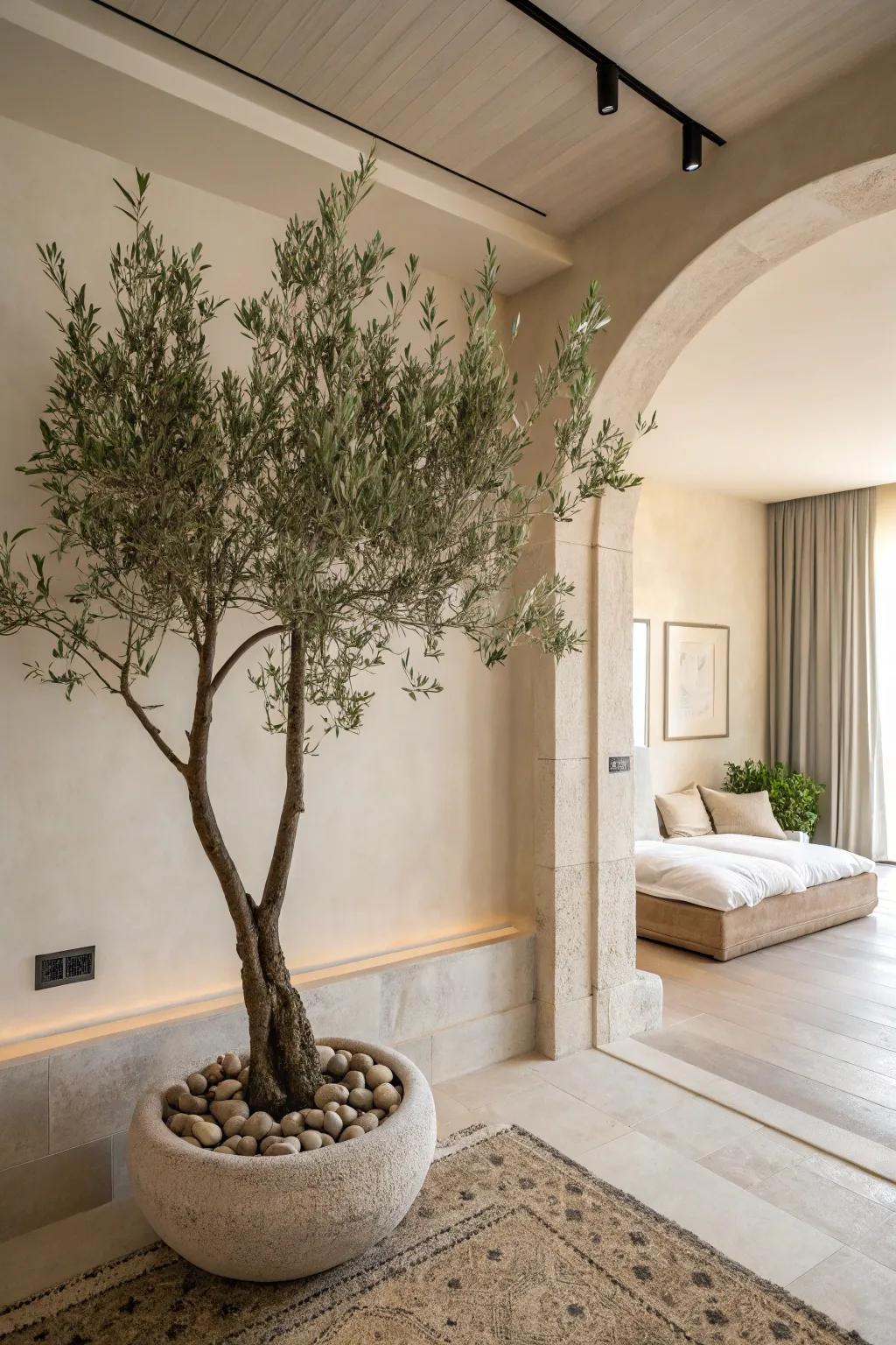 Accentuate minimalist decor using a faux olive tree.